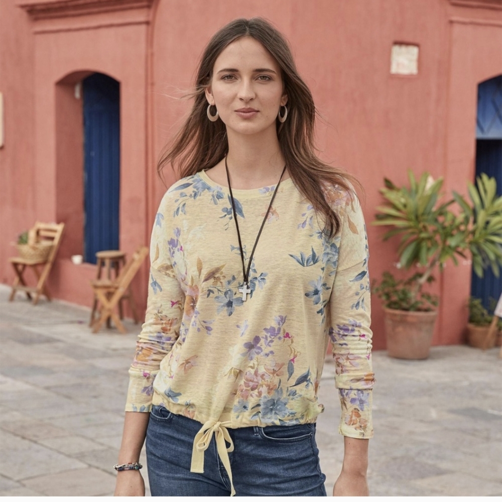 Sundance Linen floral flower long sleeve top blouse XS